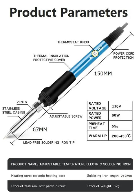 Diagram of Pro Grade 60W Soldering Iron Kit With Digital Multimeter, showing adjustable temperature settings and features.