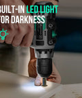 Cordless Drill Kit With 20V Max Power, 3/8 Inch Keyless Chuck, built-in LED light illuminating a screw for precise drilling.