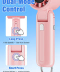 Pink Turbo Handheld Fan 12800 RPM Ultra Portable 4 In 1 Mini Fan with dual-mode control buttons, highlighting long and short press functions.