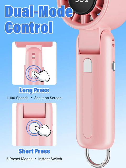 Pink Turbo Handheld Fan 12800 RPM Ultra Portable 4 In 1 Mini Fan with dual-mode control buttons, highlighting long and short press functions.