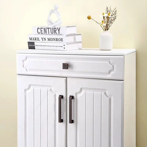 White cabinet with Oil Rubbed Bronze Square Cabinet Knobs Set Of 10 1.3 Inch Drawer Pulls, vintage yet modern design