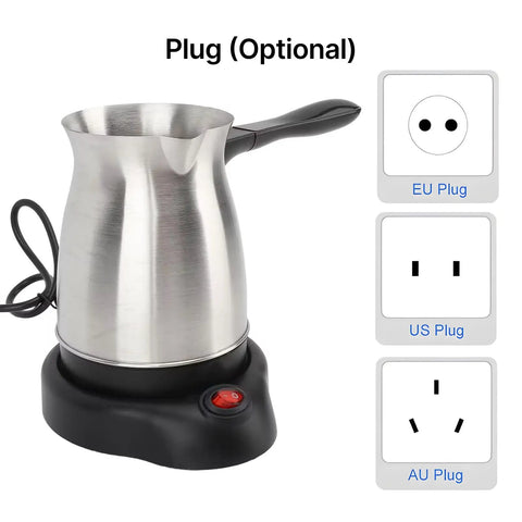All In One Electric Turkish Coffee Maker With 600ml Capacity, multifunction espresso tea milk pot on base, EU, US, AU plugs shown