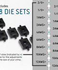 Hydraulic Cable Lug Crimping Kit With 18 Die Sets For 12 AWG Through 2/0 Wire True Hex Dies For Even Compression shown with die sizes.