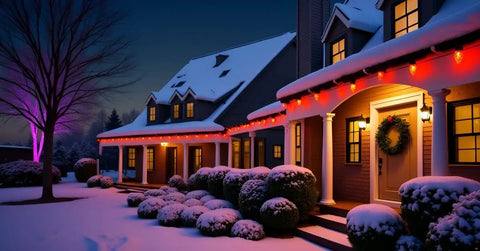 Outdoor C9 Christmas Lights 134 Feet 150 LED, App Controlled, Music Sync, 105 Light Modes, for roofline display on snow-covered house