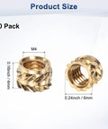 Brass Heat Set Threaded Inserts M4 X 4mm Length 6mm OD Knurled Female Metric Nuts For 3D Printing Plastic Parts Electronics DIY Projects PCBs 50 Pack, showing product size details.