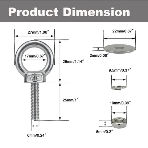 Heavy Duty M6 Stainless Steel Eye Bolt Kit With Nuts And Washers 4 Pack Ring Shoulder Eyebolts dimensions chart