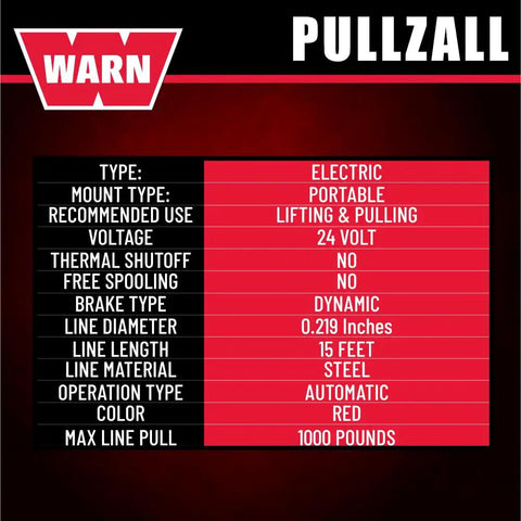 Specifications table for Cordless 24V Electric Winch With Steel Cable, 1000 Lb Pulling Capacity, red color, by WARN PullzAll.