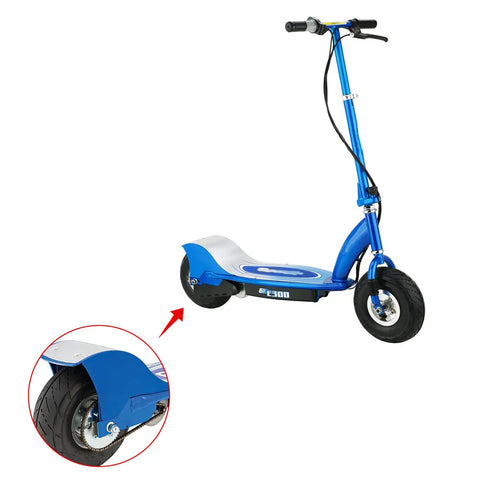 Blue Razor E300 scooter with inset showing rear wheel and Heavy Duty 25H Roller Chain 96 Links With 5 Master Links for upgrade.