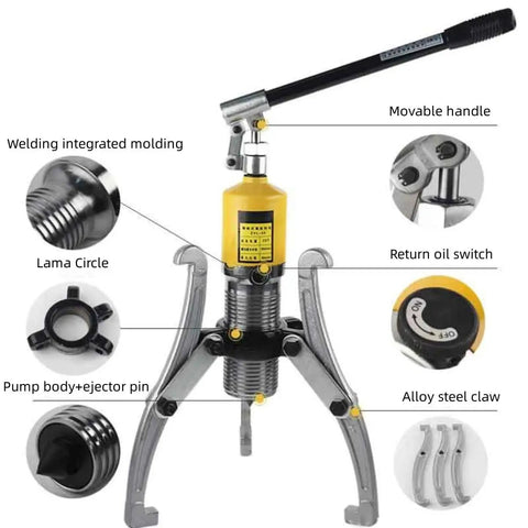 30 Ton Hydraulic Gear Puller Kit With Wheel Bearing Puller Separator showing movable handle, pump body, alloy steel claw details