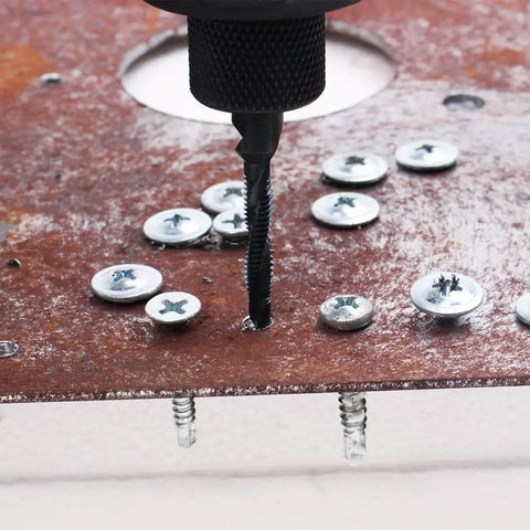 Six Pack Drill Tap Bit Set With Black Nitride Coating For Power Drills And Drivers installed on a metal sheet with screws