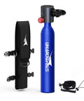 Ultra Portable Mini Scuba Tank for Quick Dives, 0.5L Capacity, 3000 PSI Max, blue aluminum cylinder with accessories