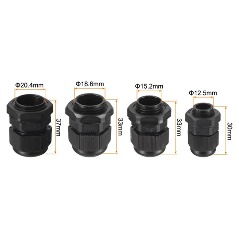 20 Piece Cable Gland Kit With Adjustable Rugged Waterproof Conduit Fittings for PG sizes, black plastic, front view.
