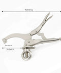 Heavy Duty 9 Inch Drill Press Locking Clamp For Precise Workholding, showing 2 inch jaw opening and 3 inch throat depth.