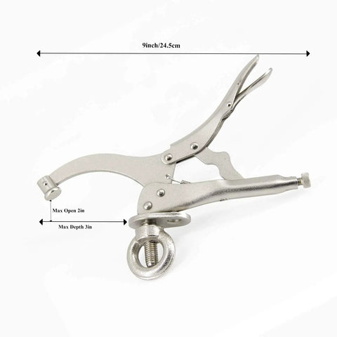 Heavy Duty 9 Inch Drill Press Locking Clamp For Precise Workholding, showing 2 inch jaw opening and 3 inch throat depth.
