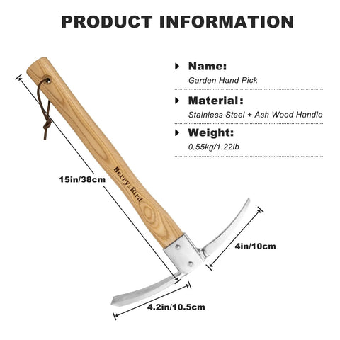 Diagram of Beast Tough As Nails Garden Pickaxe Hoe Mattock With Wooden Handle Stainless Steel Digging Tool dimensions and materials