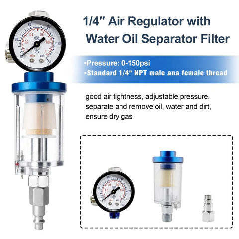 1/4" Air Regulator with Water Oil Separator Filter for HVLP Car Paint Sprayer Gun Kit, pressure 0-150psi, adjustable and clear filter.