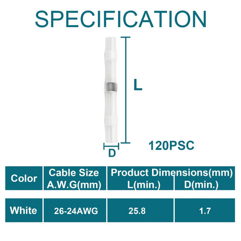 White QIATOL solder-seal heat-shrink butt wire connector for 26-24 AWG; 25.8mm long, 1.7mm dia, 120 pcs