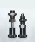 Indexing Plunger Spring Lock Pin With Aluminum Knurled Knob And Fine Thread Screw Design for precise machinery positioning, showing two angles.