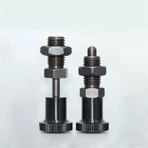 Indexing Plunger Spring Lock Pin With Aluminum Knurled Knob And Fine Thread Screw Design for precise machinery positioning, showing two angles.