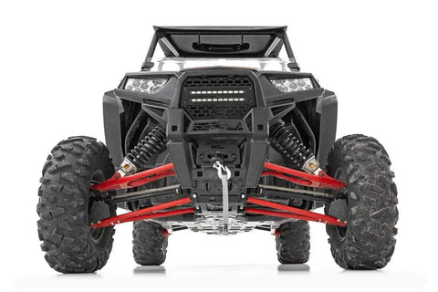 Front view of off-road vehicle with Heavy Duty Winch Mounting Plate For Polaris RZR XP 1000 2014 Through 2022 Black Steel