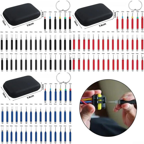 36 Piece Terminal Pin Removal Tool Kit with Housing, showing organized tools and a close-up of hands using a tool on wires.