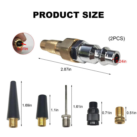 Heavy Duty Brass Air Nozzle With Quick Connector For Tire Inflation, 1/4 Inch NPT Tire Valve Adapter and pump needles