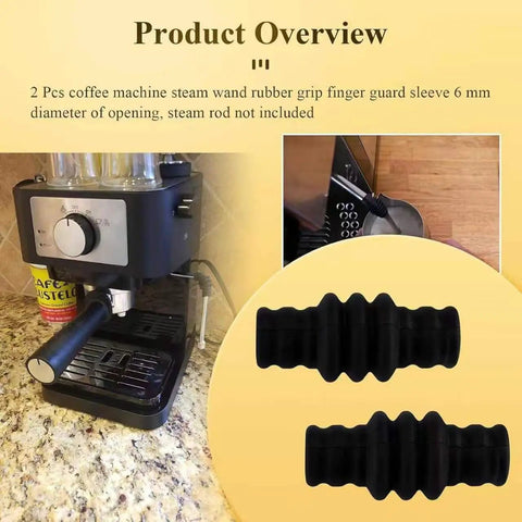 Two Pack Steam Wand Rubber Cover Finger Guard Sleeve With 6 mm Opening Fits Gaggia Classic And Rancilio Silvia V1 And V2 Espresso Steam Arms Keeps Hands Safe From Burns During Frothing And Steaming displayed next to espresso machine and sleeves