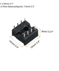 Flat Pin DIP IC Socket Adapter 8 Pin 2.54mm Pitch For PCB Boards, dual row, black plastic, metal pins, dimensions labeled