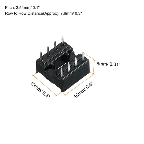 Flat Pin DIP IC Socket Adapter 8 Pin 2.54mm Pitch For PCB Boards, dual row, black plastic, metal pins, dimensions labeled