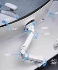 Heavy Duty Dual Monitor Mount For 17 To 32 Inch Screens With Height Adjustable Mechanical Arm Extending 19 Inches showing flexible arm movements.