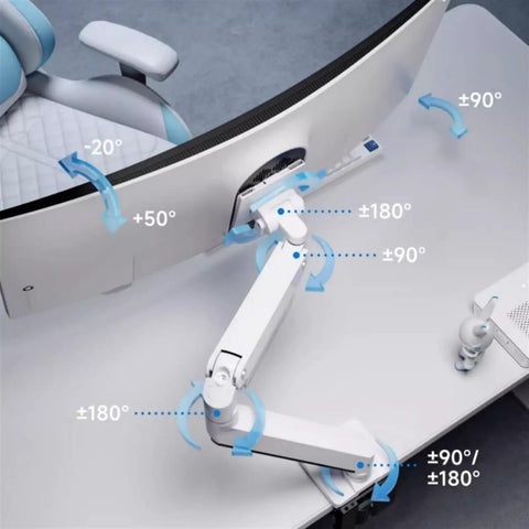 Heavy Duty Dual Monitor Mount For 17 To 32 Inch Screens With Height Adjustable Mechanical Arm Extending 19 Inches showing flexible arm movements.