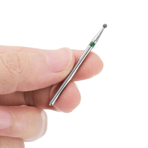 Close-up of a hand holding a 2mm ball head from the Three Piece Diamond Grinding Bit Set With 2mm Ball, 2mm Tapered, And 2.3mm Oval Heads, 2.35mm Shank, Grits 100 120 200 230 120 140, Pro Grade Rotary Tool Bits For Ceramic Glass Nails Sanding And Polishing.