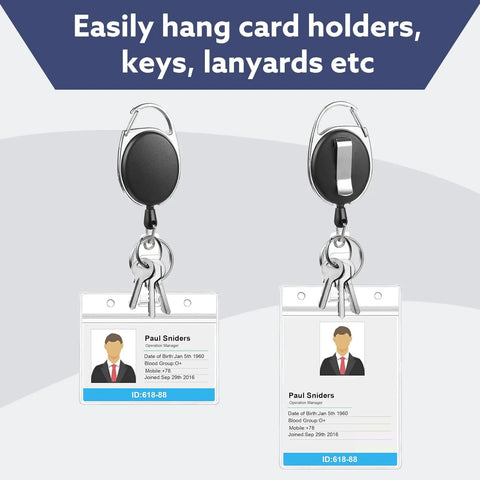 Two 20 Pack Retractable Badge Reels With Carabiner, displaying ID badges and key chain clips for easy access