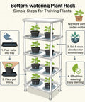Illustration of Five Tier Seed Starter Tray Stand With Self Watering Reservoir featuring easy watering instructions for indoor seedlings