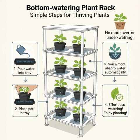 Illustration of Five Tier Seed Starter Tray Stand With Self Watering Reservoir featuring easy watering instructions for indoor seedlings