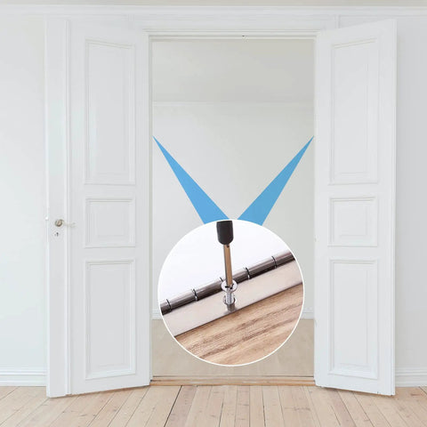 Close-up of Hella Durable 12 Inch Piano Hinges Two Pack Stainless Steel Continuous Hinge on a wooden door frame.