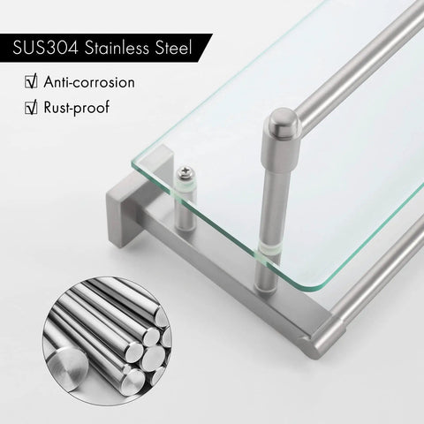 Close-up of rustproof glass bathroom shelf with towel bar and rail heavy duty SUS304 stainless steel wall mount A2225.