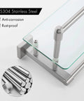 Close-up of Bathroom Glass Shelf With Towel Bar And Rail 19.6 X 5.9 Inches Heavy Duty Rustproof SUS304 Stainless Steel Brushed Finish