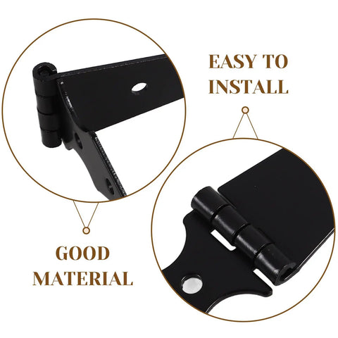 Close-up of heavy duty black iron gate hinges for outdoor fences, highlighting material quality and ease of installation.