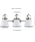 Three Light LED Vanity Light With Adjustable Wall Sconce In White Nickel Finish For Bathroom Mirror Farmhouse Bohemian Kitchen Look Iron Black Bell Shade Energy Efficient Bulbs Included, dimensions displayed.
