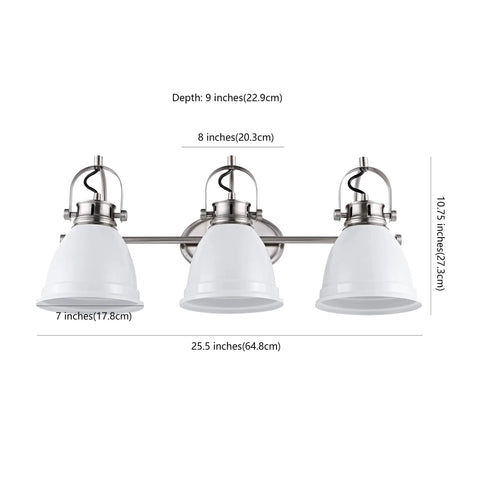 Three Light LED Vanity Light With Adjustable Wall Sconce In White Nickel Finish For Bathroom Mirror Farmhouse Bohemian Kitchen Look Iron Black Bell Shade Energy Efficient Bulbs Included, dimensions displayed.
