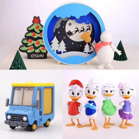 Decorative holiday scene with festive characters and a toy delivery truck.