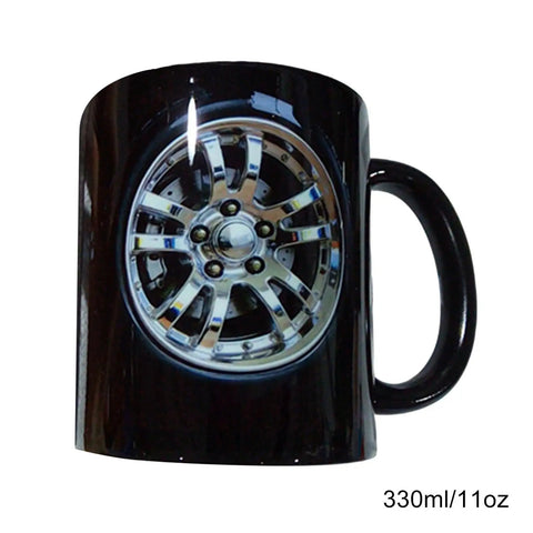 Solid Build Ceramic Coffee Mug featuring a shiny alloy wheel design, 330ml size, perfect for hot or cold drinks.