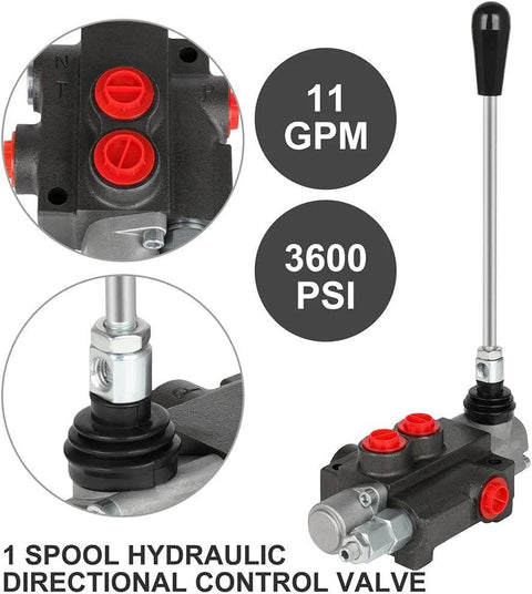 Front view of hydraulic flow control valve, 1 spool, black metal body with red port plugs and lever, 11 GPM, 3600 PSI
