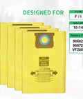 Four Pack Pro Grade High Efficiency Disposable Vacuum Filter Bags For 10 To 14 Gallon Vacuums Type I 90672 Type F 90662 VF2005 Double Layer Reinforced Fine Dust Collection, displayed in a set of four yellow bags with design details.