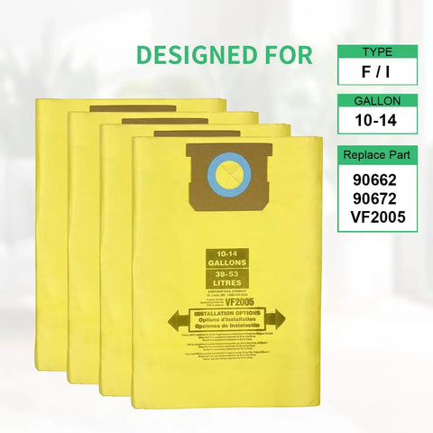 Four Pack Pro Grade High Efficiency Disposable Vacuum Filter Bags For 10 To 14 Gallon Vacuums Type I 90672 Type F 90662 VF2005 Double Layer Reinforced Fine Dust Collection, displayed in a set of four yellow bags with design details.