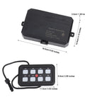 Eight Channel Touch Switch Box For Trucks LED Control Panel With Water Resistant Dimmable Circuit Relay System For Easy Tap LED Lighting Control Green, showing dimensions and buttons