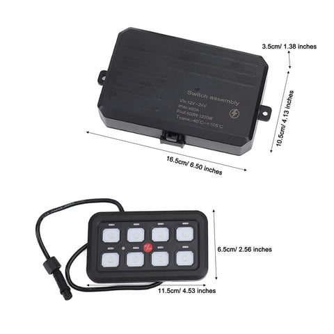 Eight Channel Touch Switch Box For Trucks LED Control Panel With Water Resistant Dimmable Circuit Relay System For Easy Tap LED Lighting Control Green, showing dimensions and buttons