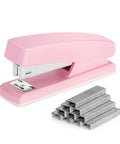 Pink Office Desktop Stapler With 25 Sheet Capacity And Holds Up To 120 Staples, Includes 640 Staples, side view with staples