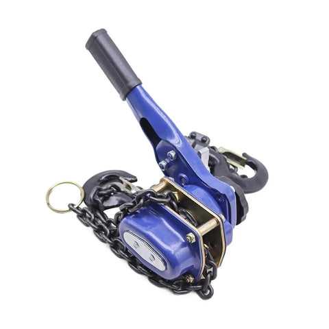 Heavy Duty 1 Ton Manual Chain Hoist With Pulling Wrench And Hand Lifting Hook For Easy Portable Inverted Tightening Up To 3 Meter Length with blue handle and chain.